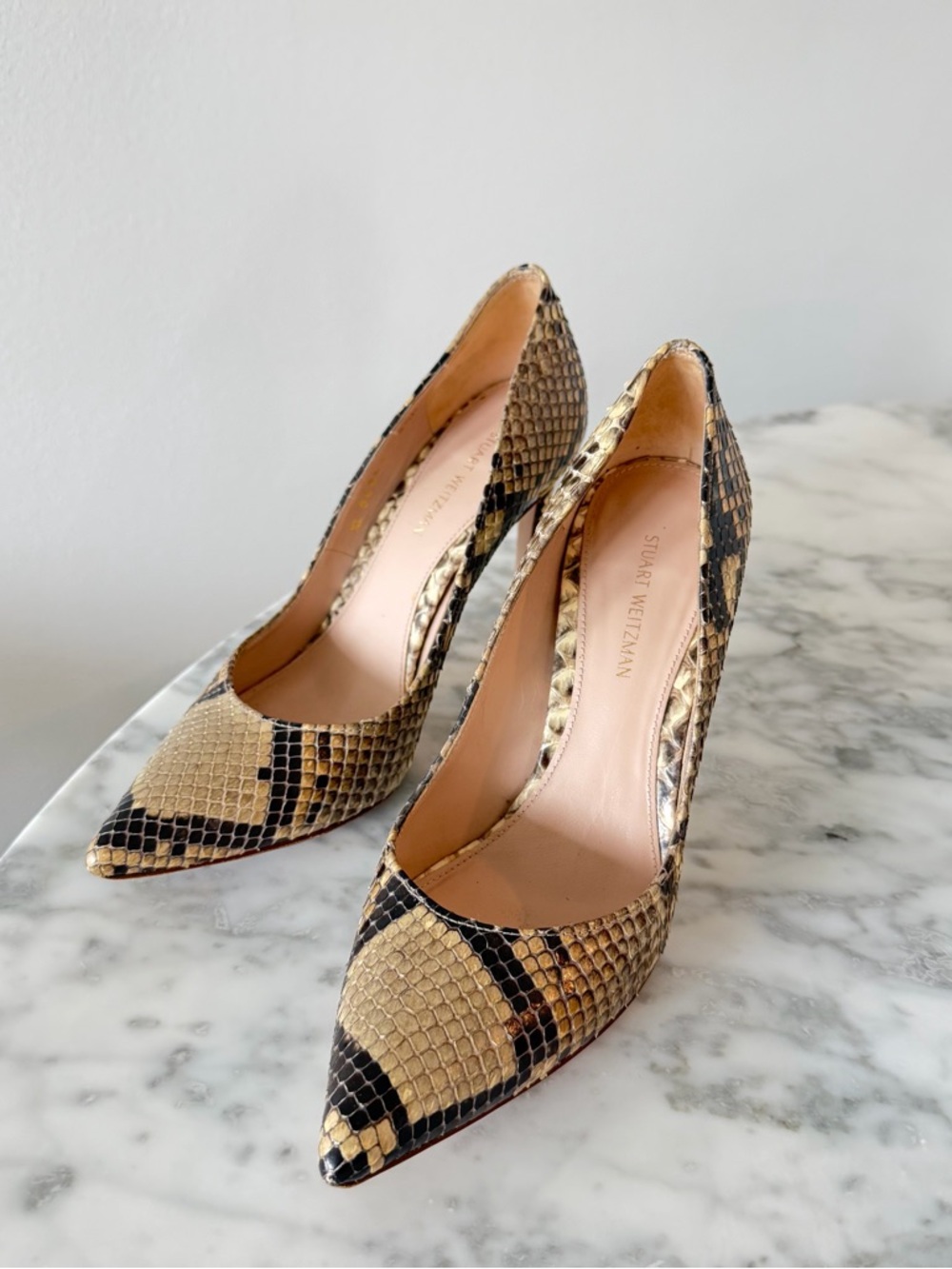 Stuart Weitzman Snakeskin-Pattern Beige and Black Pointed Pumps